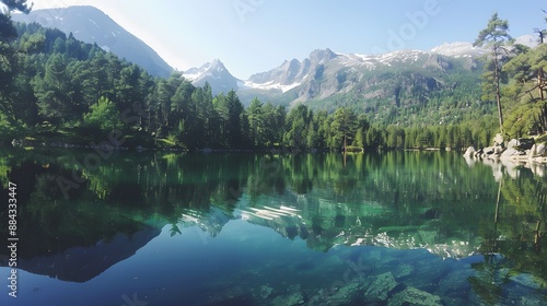 Tranquil lake with crystal-clear water reflecting surrounding trees and mountains, providing a calming and peaceful scene. 