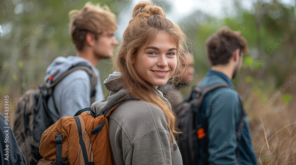 A telephoto angle photo of first-year students on a nature hike, engaging in conversations while exploring, with copy space A telephoto angle photo of first-year students on a nature hike, engaging in conversations while exploring, with copy space