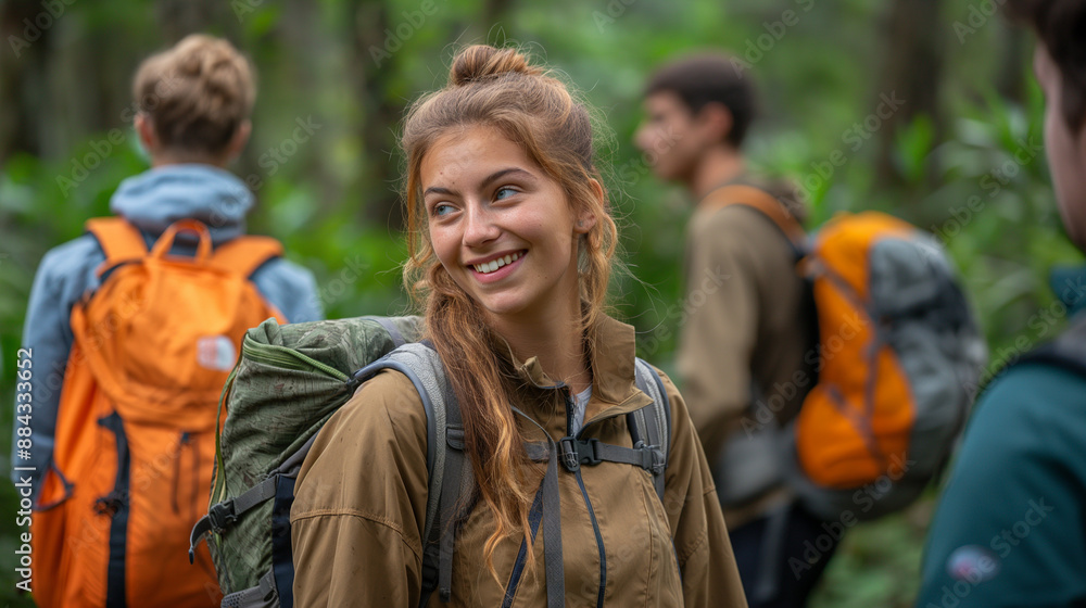 A telephoto angle photo of first-year students on a nature hike, engaging in conversations while exploring, with copy space A telephoto angle photo of first-year students on a nature hike, engaging in conversations while exploring, with copy space
