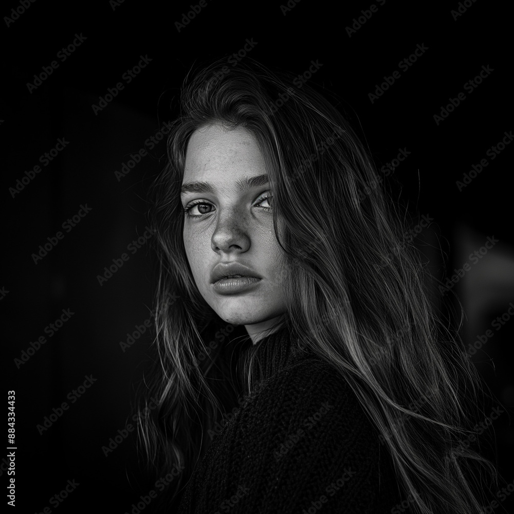 Schwarz-Weiß-Porträt einer jungen Frau mit melancholischem Blick Schwarz-Weiß-Porträt einer jungen Frau mit melancholischem Blick