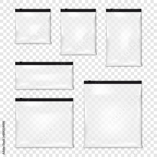 Clear plastic zip seal slider poly bag. Realistic vector mock-up set. Transparent glossy PVC vinyl pouch with black zip lock. Mockup kit. Zipper envelope sleeve package. Template collection