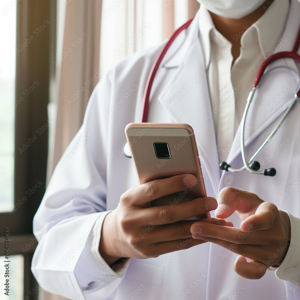 medical healthcare telemedicine, doctor holding smart phone texting message video calling for online medical healthcare telemedicine, doctor holding smart phone texting message video calling for online