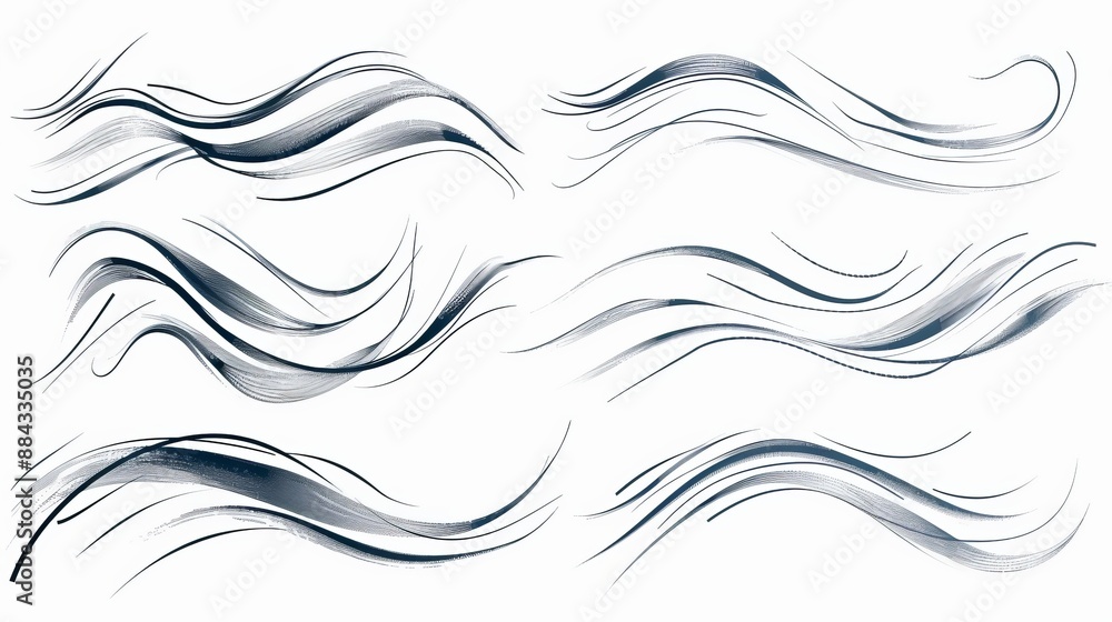 Fototapeta premium Seven elegant black and white flowing wave pattern designs, capturing the movement, creativity, and artistic expression in a sleek and modern composition.