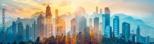 City buildings emerging from natural terrain close up, focus on, copy space with bright colors, double exposure silhouette with mountains and skyscrapers