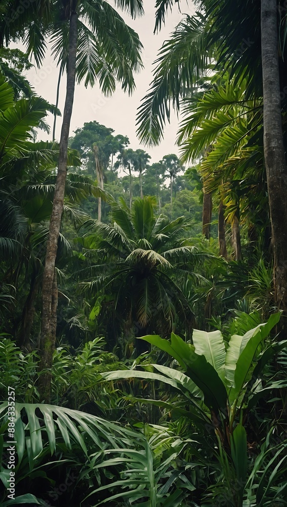Dense tropical jungle scene with lush palms, towering trees, and exotic plants Dense tropical jungle scene with lush palms, towering trees, and exotic plants