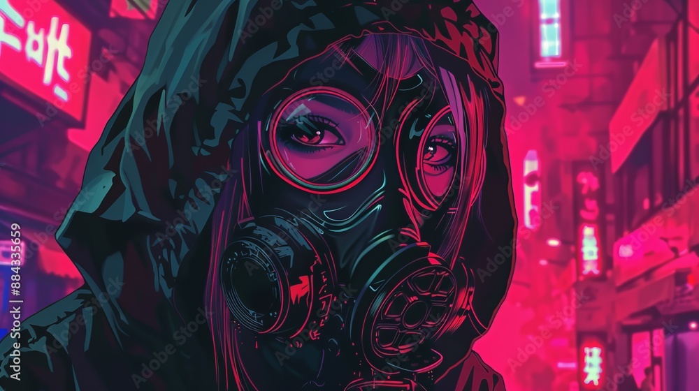 Obraz premium A cloaked figure stands in a dark neon-lit cityscape, evoking a sense of mystery, intrigue, and the hidden underbelly of urban life with vibrant signs around.