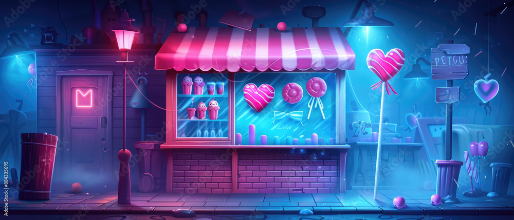 Spooky candy store in haunted setting with flat design concept. Spooky candy store in haunted setting with flat design concept.