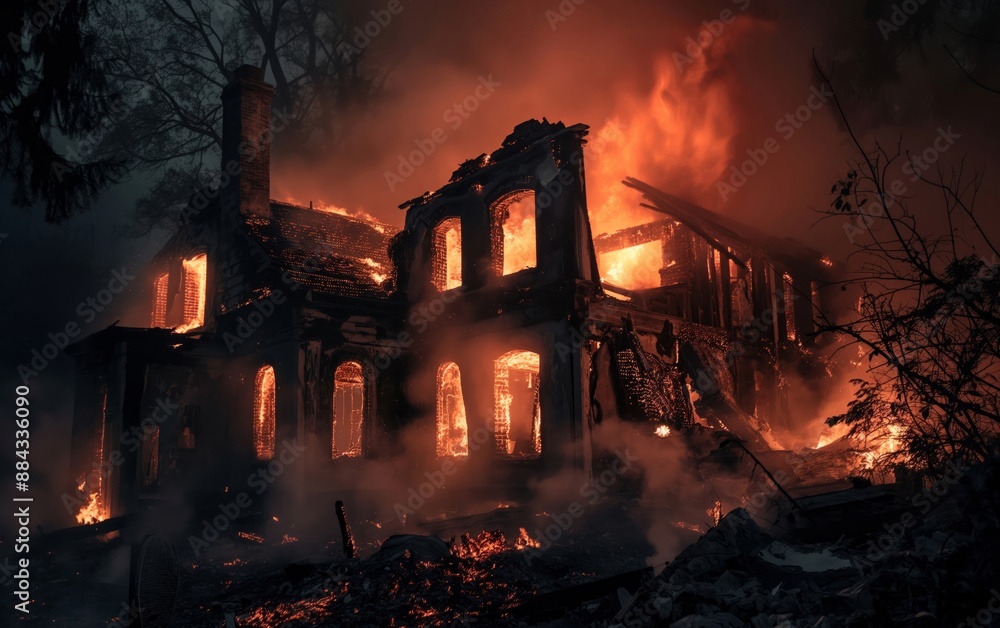 A house engulfed in flames during a forest fire, depicting an intense wildfire scene. Ideal for environmental and disaster-themed projects.