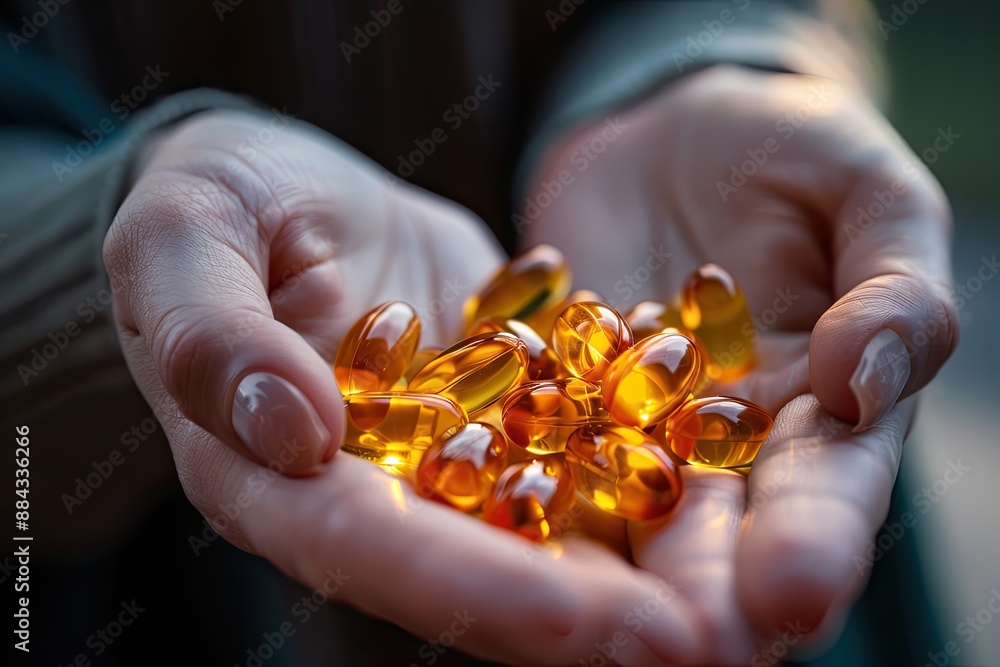 Handful of amber colored vitamin supplements in the palm of a persons hand Handful of amber colored vitamin supplements in the palm of a persons hand