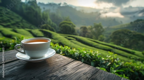 A white teacup on a wooden table overlooks sprawling, verdant tea fields, with a dreamy, misty sunrise casting a serene ambiance over the picturesque landscape.