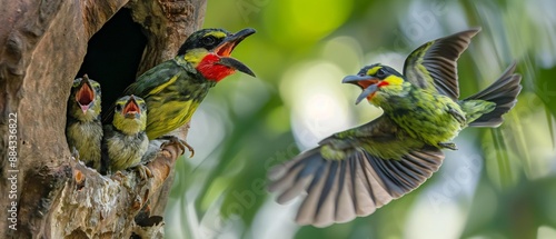 AI generator image of Psilopogon haemacephalus,coppersmith barbet, the mother bird is flying and holding the banyan fruit Feed two baby birds that are opening their mouths and poking their heads. photo