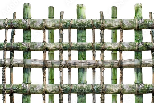 Rustic green bamboo fence pattern with a white background