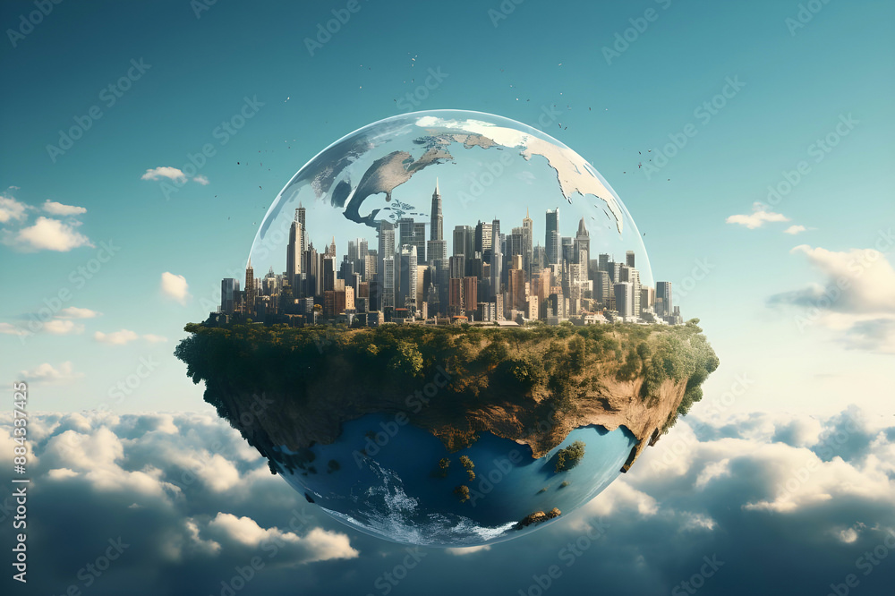 Small planet with city on top of it in the middle of the sky Small planet with city on top of it in the middle of the sky
