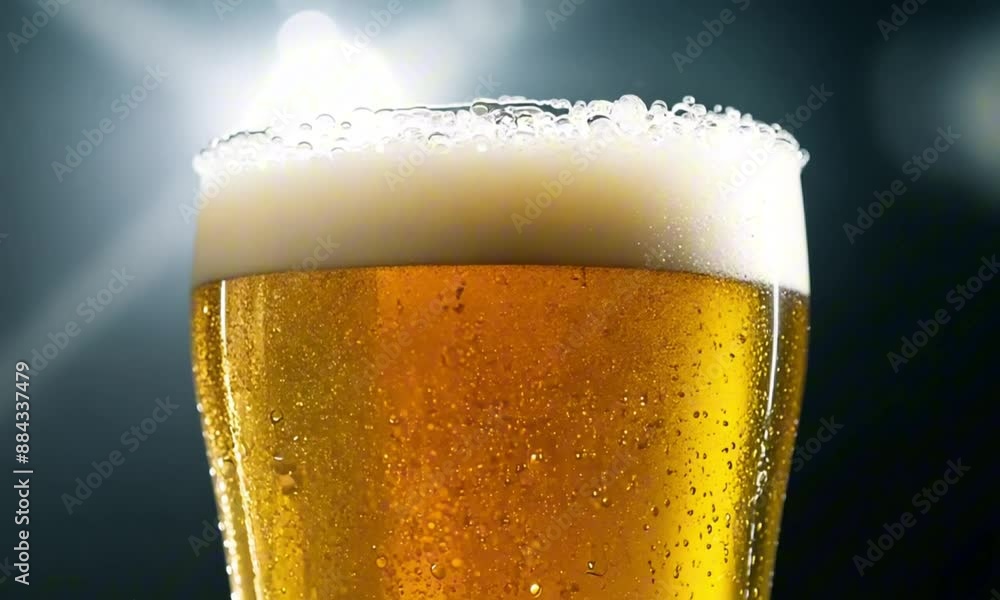 Fresh beer in a large glass with subtle backlighting and mist on a dark backdrop Fresh beer in a large glass with subtle backlighting and mist on a dark backdrop
