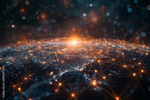 Abstract representation of a digital network spread over a globe, illustrating data connectivity and communication.