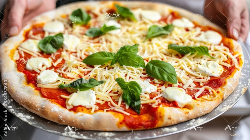 Chef Holding Freshly Baked Pizza With Mozzarella, Basil, And Tomato Sauce On A Metal Tray Chef Holding Freshly Baked Pizza With Mozzarella, Basil, And Tomato Sauce On A Metal Tray