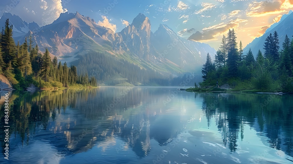 Tranquil lake with crystal-clear water reflecting surrounding trees and mountains, providing a calming and peaceful scene. Tranquil lake with crystal-clear water reflecting surrounding trees and mountains, providing a calming and peaceful scene.