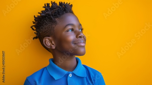  side view angle happy 13 year old Brazilian black boy wearing blue polo collar shirt, imposing pose, yellow background  photo