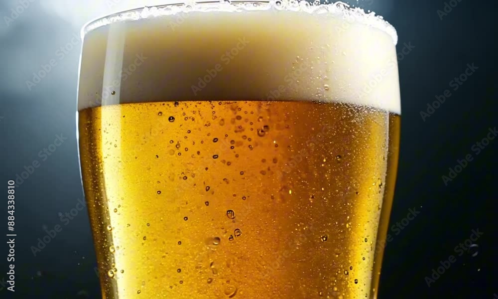Fresh beer in a large glass with subtle backlighting and mist on a dark backdrop Fresh beer in a large glass with subtle backlighting and mist on a dark backdrop