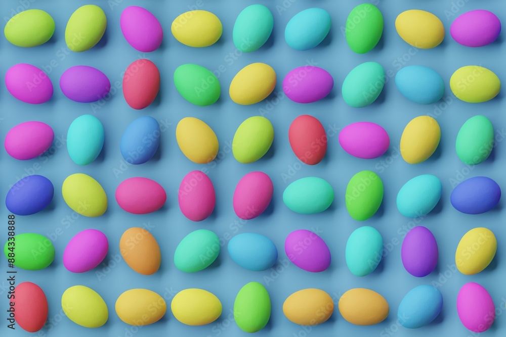 Many colorful eggs on steel blue background. Top flat view, horizontal. 3d render, illustration Many colorful eggs on steel blue background. Top flat view, horizontal. 3d render, illustration