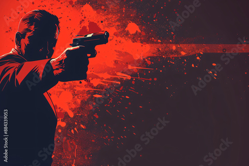 A red and black silhouette of a gunman aiming a pistol with a dramatic background and splattered effects
