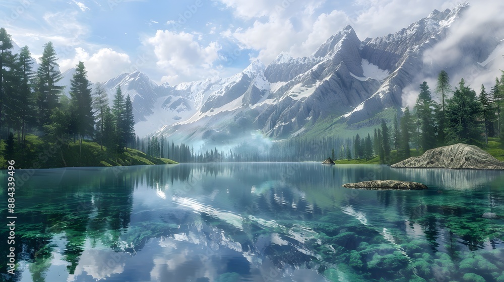 Fototapeta premium Tranquil lake with crystal-clear water reflecting surrounding trees and mountains, providing a calming and peaceful scene. 