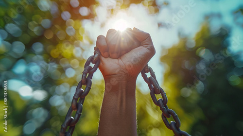 Freedom of speech and no to racism. The hand of black person clutches chain symbolizing shackles photo