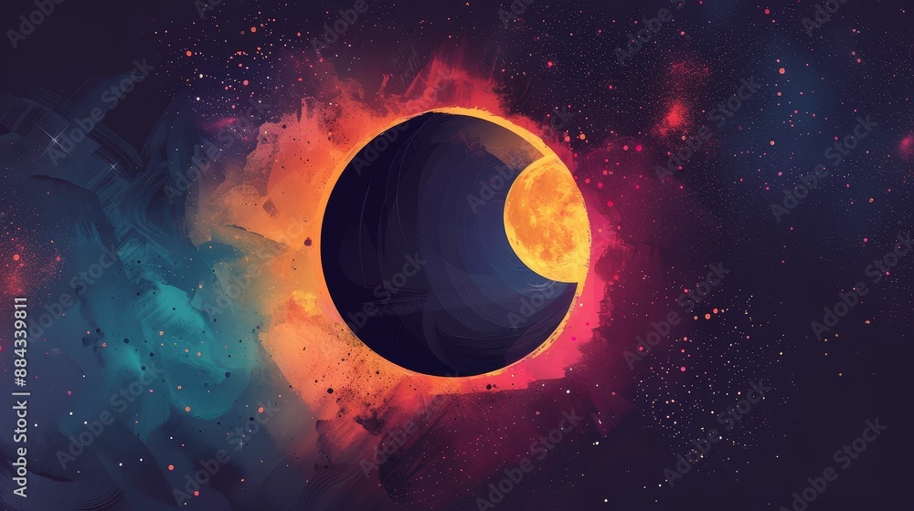 Obraz premium Solar Eclipse flat design, top view, celestial event theme, water color, Triadic Color Scheme