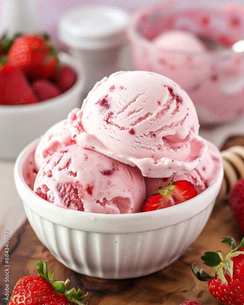 Delicious strawberry ice cream served in a white bowl with fresh strawberries on a wooden cutting board, perfect for a warm afternoon treat in a cozy kitchen setting Delicious strawberry ice cream served in a white bowl with fresh strawberries on a wooden cutting board, perfect for a warm afternoon treat in a cozy kitchen setting