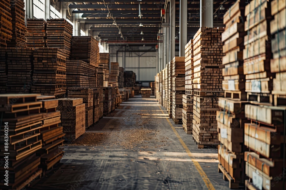 Stacks of wooden planks neatly arranged in a warehouse Stacks of wooden planks neatly arranged in a warehouse