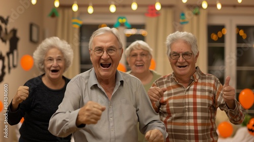 Joyful Elderly Friends Celebrating Halloween with Spooky Karaoke Night Amid Festive Decorations