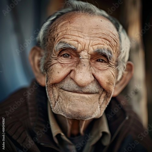 Elderly man with a warm smile and deep wrinkles sitting in a rustic setting during daylight hours