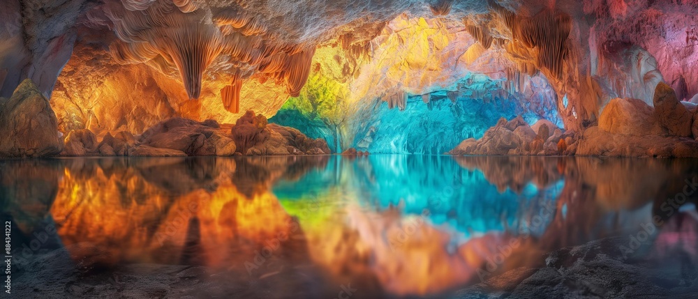 AI generator image of cave in the middle of the water, cave in the middle of the sea with bright colors Very colorful and has a beautiful reflection on the water AI generator image of cave in the middle of the water, cave in the middle of the sea with bright colors Very colorful and has a beautiful reflection on the water