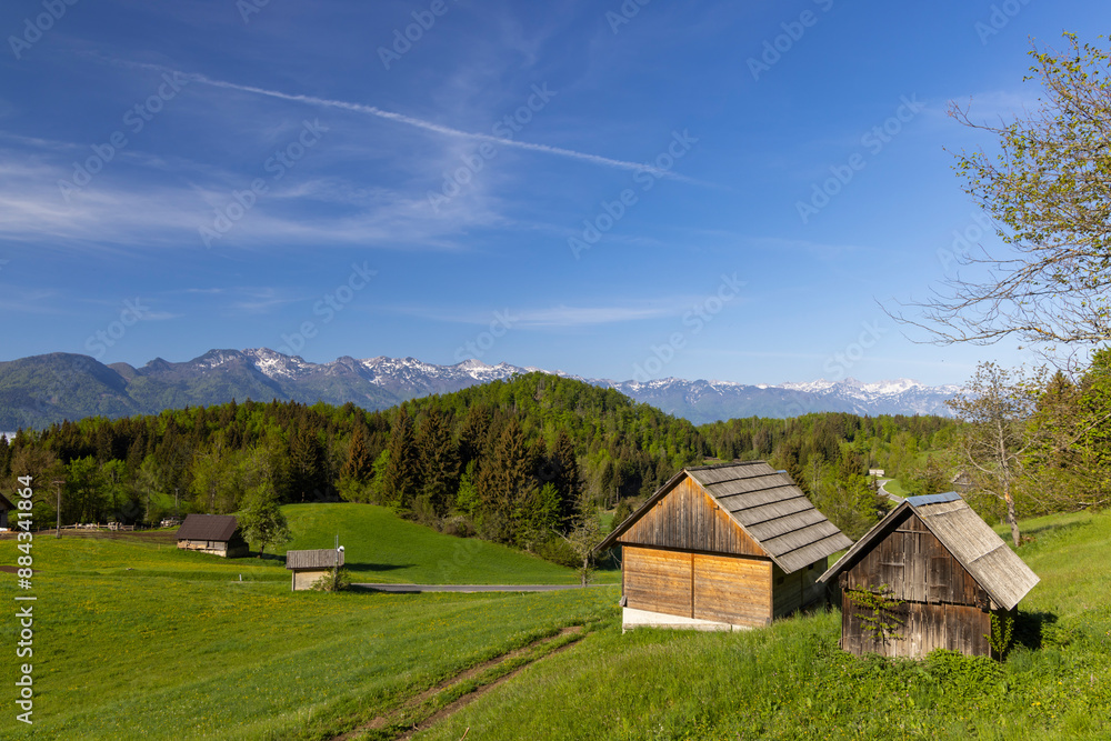 Typical wooden log cabins in Gorjuse, Triglavski national park, Slovenia Typical wooden log cabins in Gorjuse, Triglavski national park, Slovenia