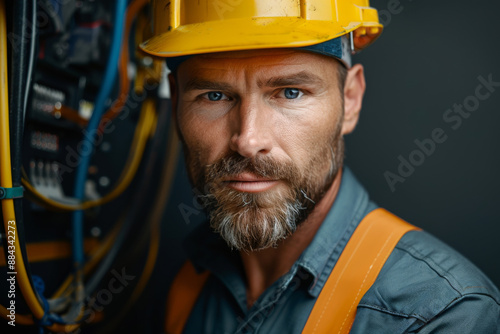  an electrician, professional, with helmet, solid background for ready for cutout 