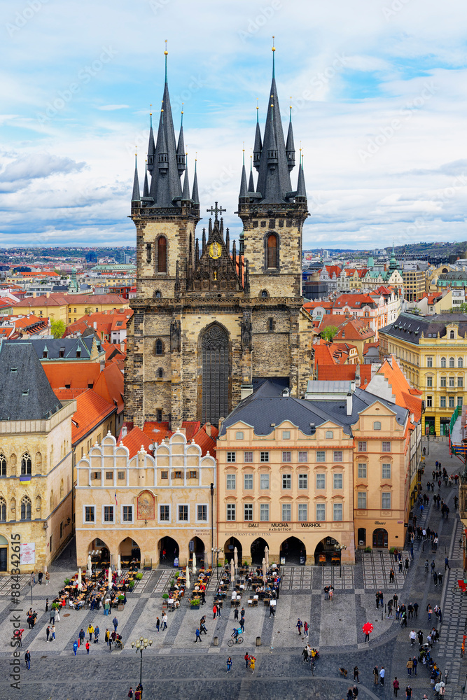 Fototapeta premium Mother of God before Tyn Church during a popular festival, Old Town Square, Prague, Bohemia, Czech Republic