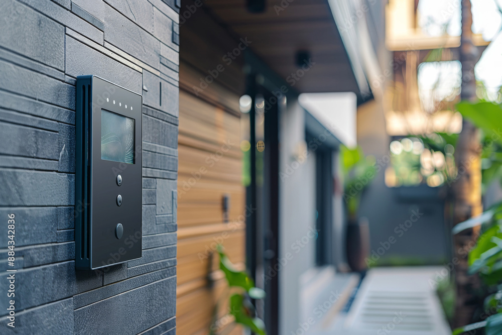 Modern intercom system mounted on a textured wall in a contemporary home entrance surrounded by lush greenery during daylight hours Modern intercom system mounted on a textured wall in a contemporary home entrance surrounded by lush greenery during daylight hours
