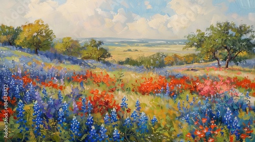 A beautiful painting of wildflowers, including bluebonnets and Indian paintbrushes, blooming on a sunlit hill with trees in the background and a distant horizon under a cloudy sky. photo