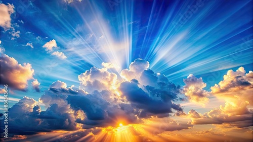 Fototapeta Naklejka Na Ścianę i Meble -  Vibrant clouds in blue sky with sun rays shining through them, beautiful, amazing, colorful, clouds, sky, sun rays