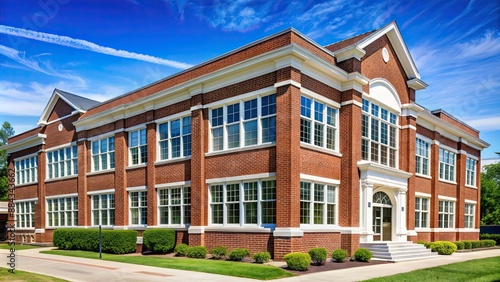 Typical school building exterior with red brick facade and white trim, school, building, exterior, American © Sujid