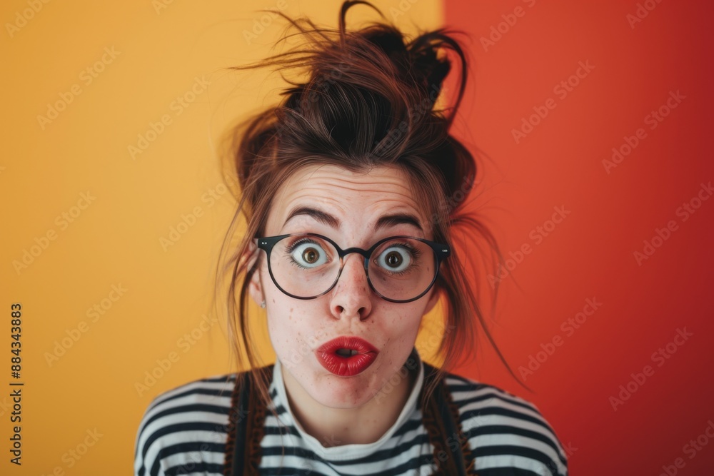 Young woman with glasses making a surprised expression against a vibrant yellow and orange background in a playful indoor setting Young woman with glasses making a surprised expression against a vibrant yellow and orange background in a playful indoor setting