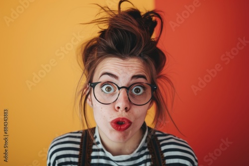 Young woman with glasses making a surprised expression against a vibrant yellow and orange background in a playful indoor setting photo