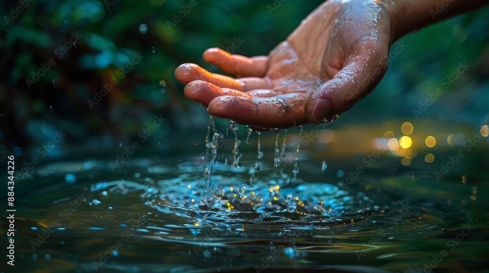 Fototapeta premium Serenity in Motion - Hand touching calm water surface creating ripples in sunlight.