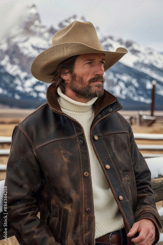 Man in rugged attire stands contemplatively in front of snowcapped mountains during a chilly afternoon in a serene western landscape Man in rugged attire stands contemplatively in front of snowcapped mountains during a chilly afternoon in a serene western landscape