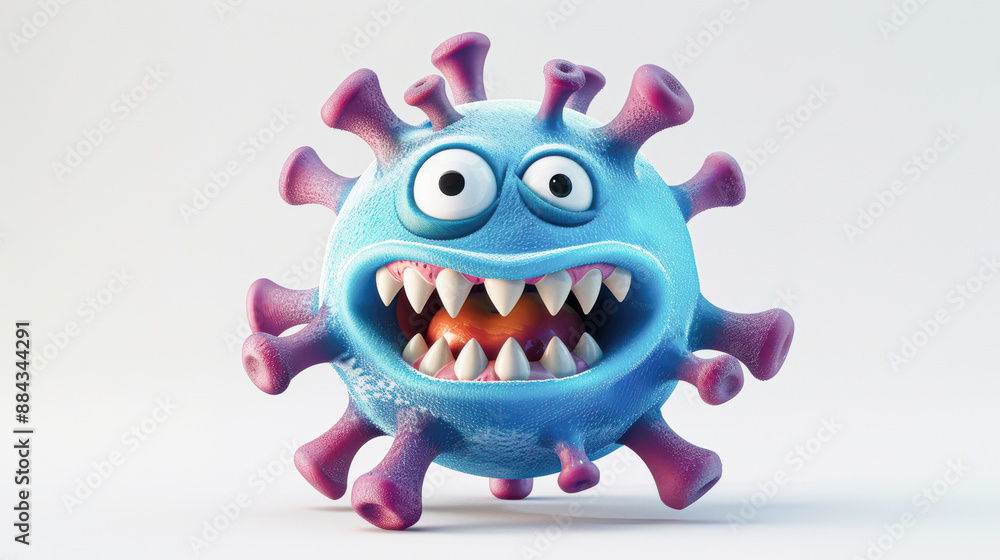 A cartoonish blue and pink virus with a mouth full of teeth A cartoonish blue and pink virus with a mouth full of teeth