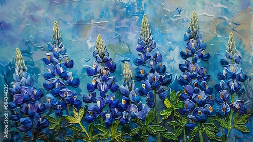 An artistic abstract painting featuring bluebonnet flowers with a rich textured background, highlighting vibrant blue tones, intricate details, and a sense of depth and creativity.