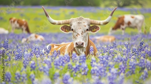A striking image of longhorn cattle relaxing amidst a blooming bluebonnet field, showcasing the contrast between the animals and the colorful flowers in a pastoral setting.