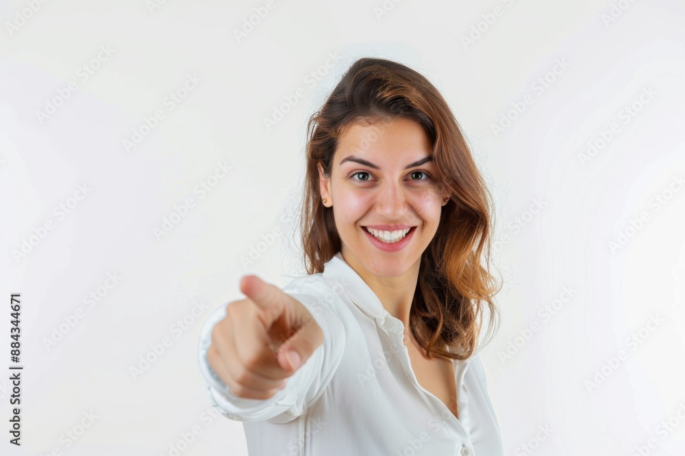 Happy woman and portrait pointing at you for business recruitment on a white background. Happy woman and portrait pointing at you for business recruitment on a white background.