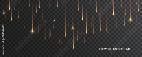 Falling stars gold color. Magic bright lights on copy space for text. Overlay template of light of falling for holiday background.
