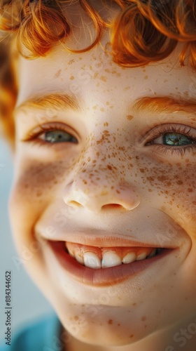 close up of a surprisingly smiling redhead male child with several freckles on his face and missing teeth